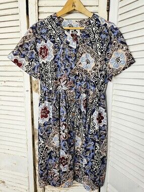 Vintage 90s Hilo Hattie Button Front Babydoll Dress Blue Floral Made In Hawaii S